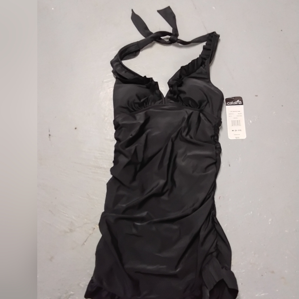 Black Halter Swimdress with Ruffled Neckline